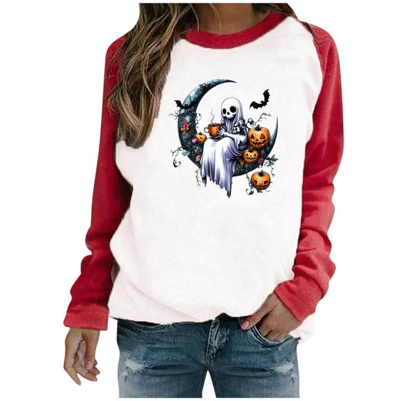 Dvprdro Women's Halloween Color Block Crewneck Sweatshirts Loose Fit Casual Plus Size Long Sleeve Pullover Tops