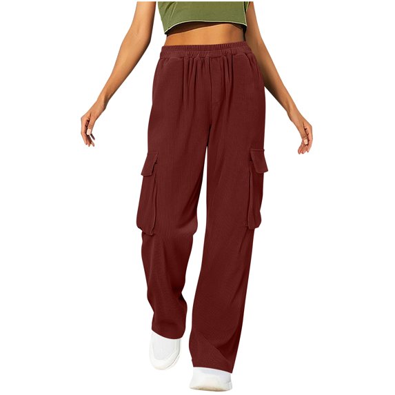Dvprdro Women's High Waist Cargo Pants Casual Comfy Corduroy Loose Straight Wide Leg Trousers with Pockets