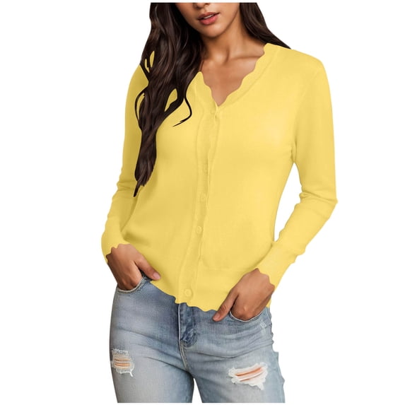 Dvprdro Women's Lightweight Knit Cardigan Casual Solid V Neck Button Down Blouse Tops Fashion Long Sleeve Cardigan Sweater Yellow 2XL