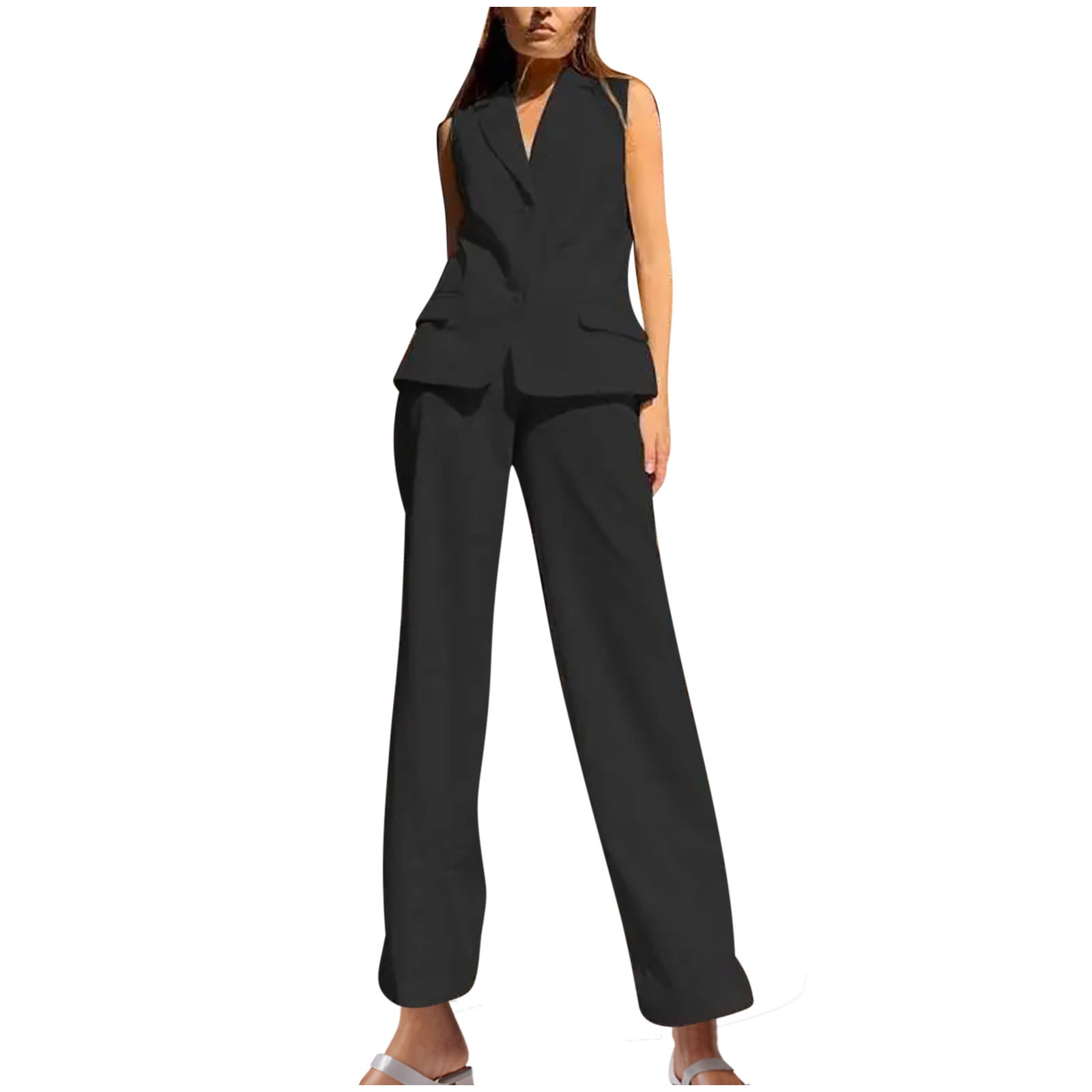 Graceful Slim Fit Sleeveless Top High Waist Pants Suit for Women