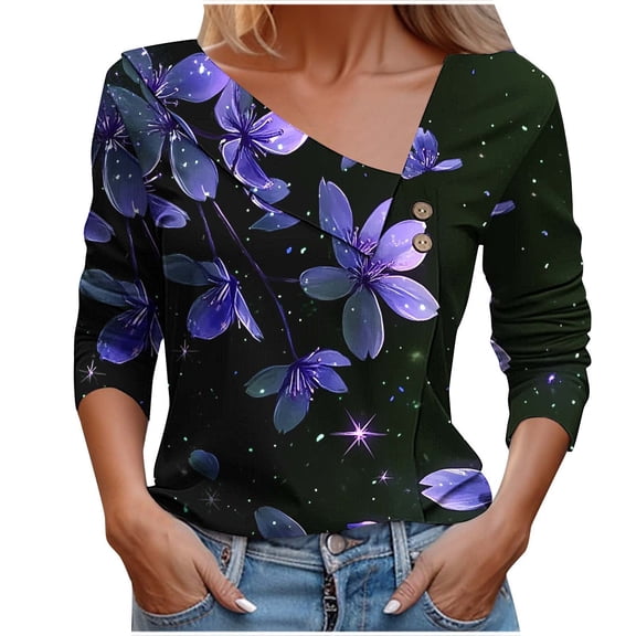Dvprdro Women's Long Sleeve Floral Printed Blouse Fashion Lapel V Neck Buttons Elegant Work Shirts Top Loose Fit Casual T-Shirt Tops