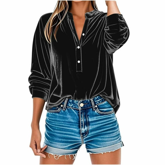 Dvprdro Women's Long Sleeve Plus Size Casual Velvet Shirts Tops Loose Button V-Neck Tunic Blouse