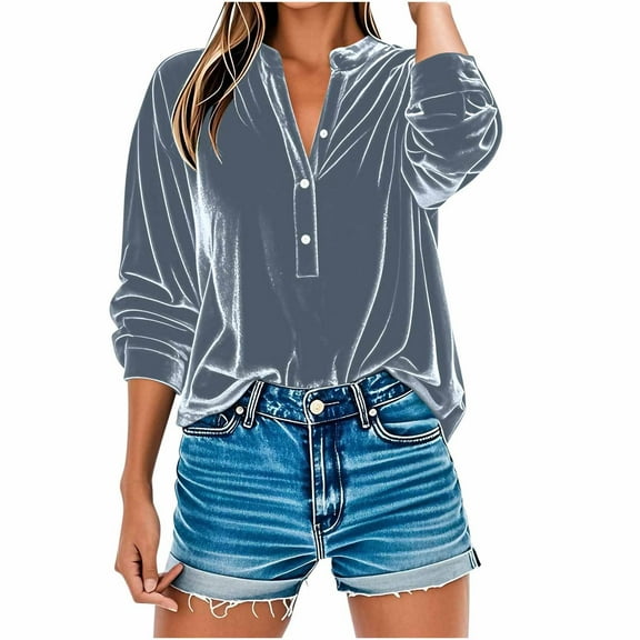 Dvprdro Women's Long Sleeve Plus Size Casual Velvet Shirts Tops Loose Button V-Neck Tunic Blouse
