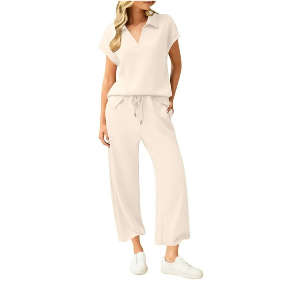 Dvprdro Women's Loose Two Piece Sweatsuit Fashion Casual Lapel V Neck Short Sleeve Tops with Drawstring Elastic Waist Lounge Trousers Pants Suit Ladies Trendy Streetwear Outfits