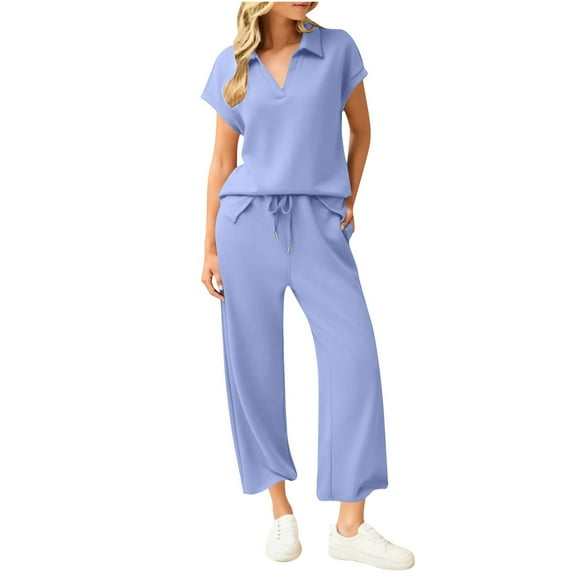Dvprdro Women's Loose Two Piece Sweatsuit Fashion Casual Lapel V Neck Short Sleeve Tops with Drawstring Elastic Waist Lounge Trousers Pants Suit Ladies Trendy Streetwear Outfits