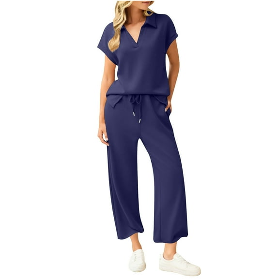 Dvprdro Women's Loose Two Piece Sweatsuit Fashion Casual Lapel V Neck Short Sleeve Tops with Drawstring Elastic Waist Lounge Trousers Pants Suit Ladies Trendy Streetwear Outfits