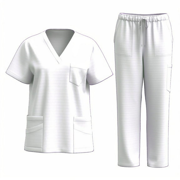 Dvprdro Women's Nurse Uniform Two Piece Work Sets Short Sleeve Top and Pants Set with Pockets White Sizes M