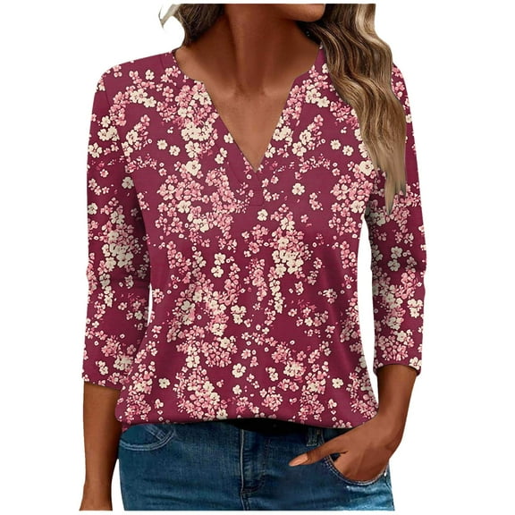 Dvprdro Women's Plus Size Floral Tunic Blouse Casual Boho Printed V Neck Loose Shirt Top Basic 3/4 Sleeve Comfy Tops
