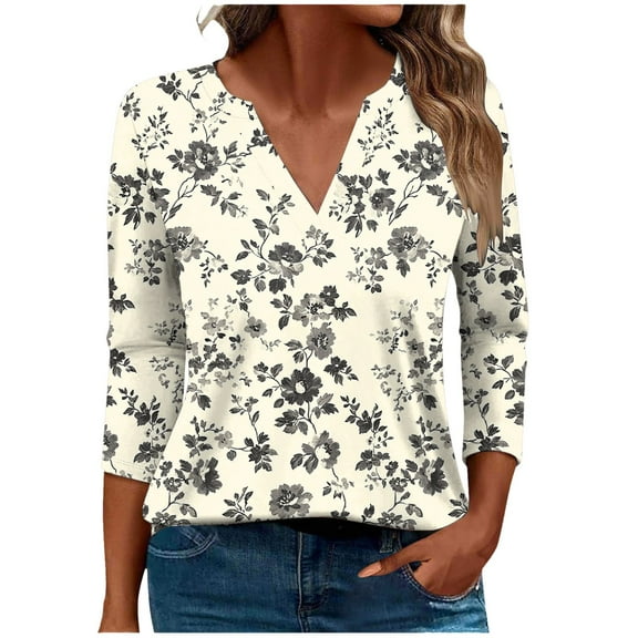 Dvprdro Women's Plus Size Floral Tunic Blouse Casual Boho Printed V Neck Loose Shirt Top Basic 3/4 Sleeve Comfy Tops