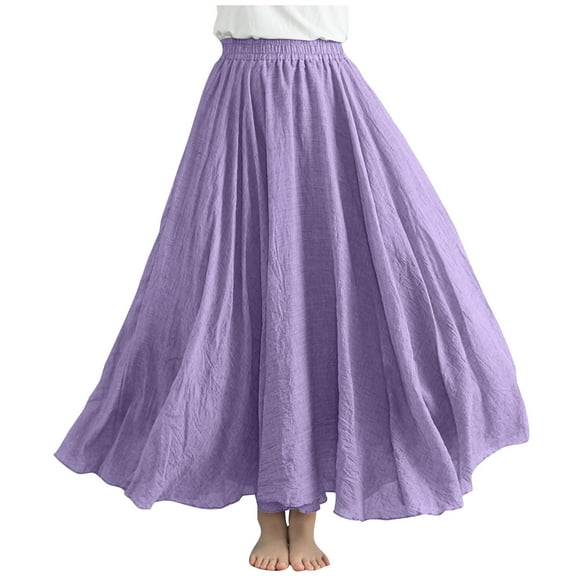 Dvprdro Women's Plus Size Linen Long Skirts Summer Fashion Solid Pleated Elastic Waist Casual Loose A Line Maxi Skirt Purple Sizes M