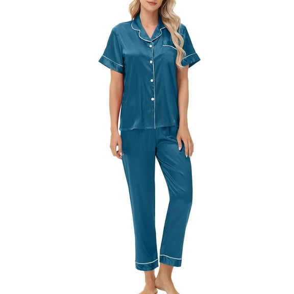 Dvprdro Women's Satin Button Down Pajama Set Short Sleeve Silk Shirts and Elastic Waist Pants Outfit Set Casual 2-Piece Sleepwear Loungewear