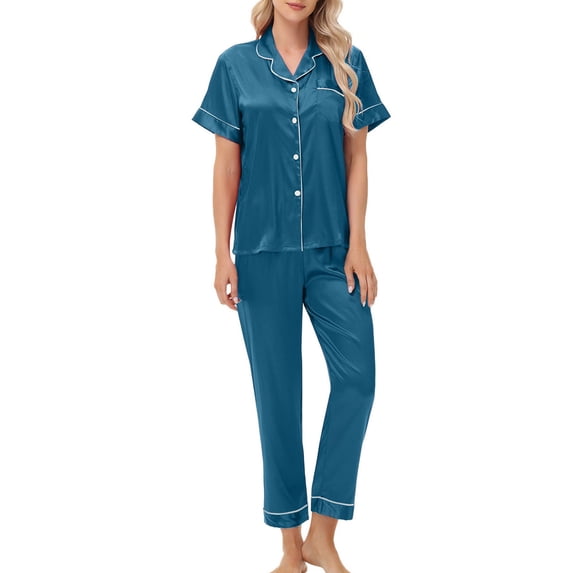 Dvprdro Women's Satin Button Down Pajama Set Short Sleeve Silk Shirts and Elastic Waist Pants Outfit Set Casual 2-Piece Sleepwear Loungewear
