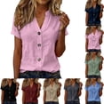 thumbnail image 1 of Dvprdro Women's Short Sleeve Cotton Linen Blouses V-Neck Button Front Tops Solid Casual Summer Shirts, 1 of 6