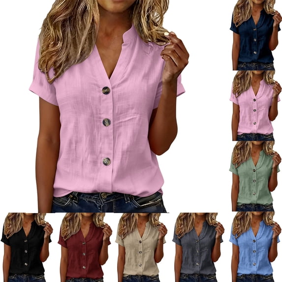 Dvprdro Women's Short Sleeve Cotton Linen Blouses V-Neck Button Front Tops Solid Casual Summer Shirts