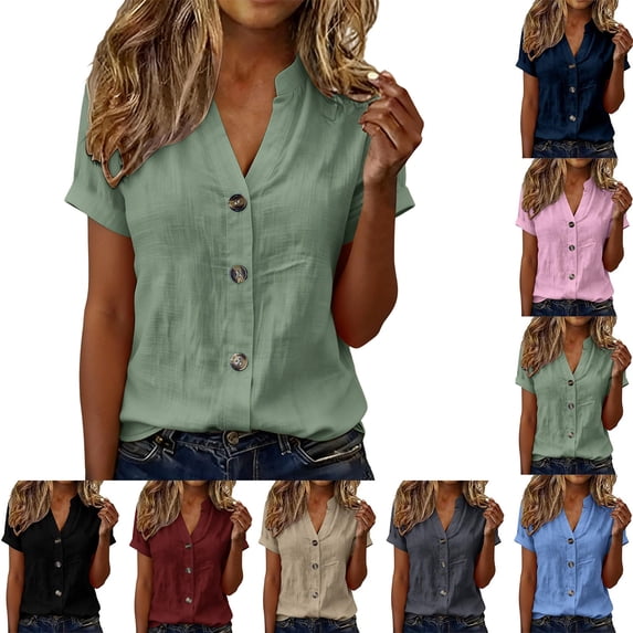 Dvprdro Women's Short Sleeve Cotton Linen Blouses V-Neck Button Front Tops Solid Casual Summer Shirts