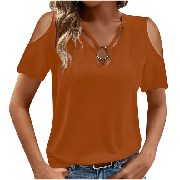Dvprdro Women's Short Sleeve Shirts Casual Breathable Summer Tops Trendy Stretch Lightweight Blouses T-Shirts Outfits Clothes Fashion Modern Metal Ring Accents on Neckline Tops for Women