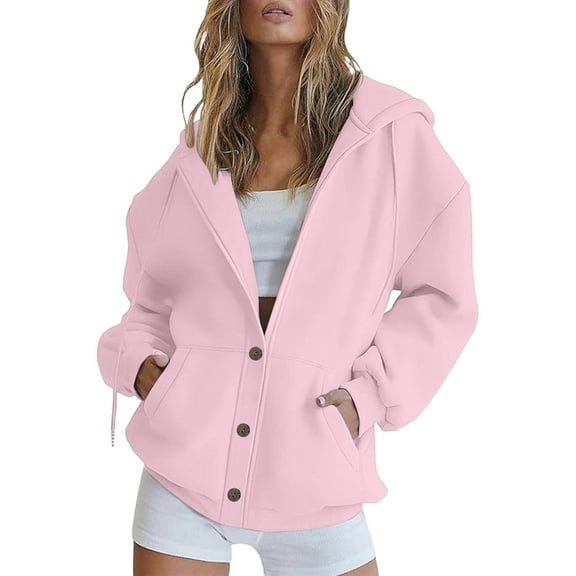 Dvprdro Women's Solid Color Hooded Sweatshirt Jacket Long Sleeve Button Up Fall Winter Pullover Cozy Outerwear Jackets Tops with Pockets Pink XL