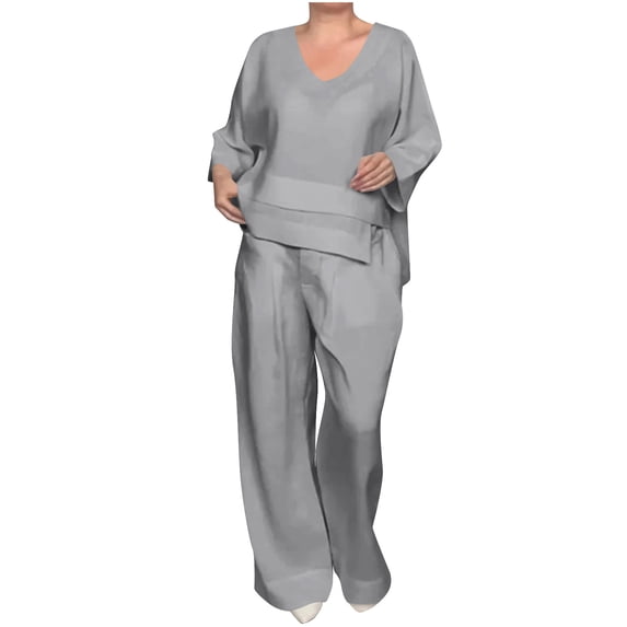 Dvprdro Women's Spring and Summer Solid-Color V-Neck Mid-Sleeve Top with Straight Leg Pockets Pants Casual Set Fall Fashion Activewear Two Piece Outfits Suits