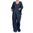 thumbnail image 1 of Dvprdro Women's Spring and Summer Solid-Color V-Neck Mid-Sleeve Top with Straight Leg Pockets Pants Casual Set Fall Fashion Activewear Two Piece Outfits Suits, 1 of 5