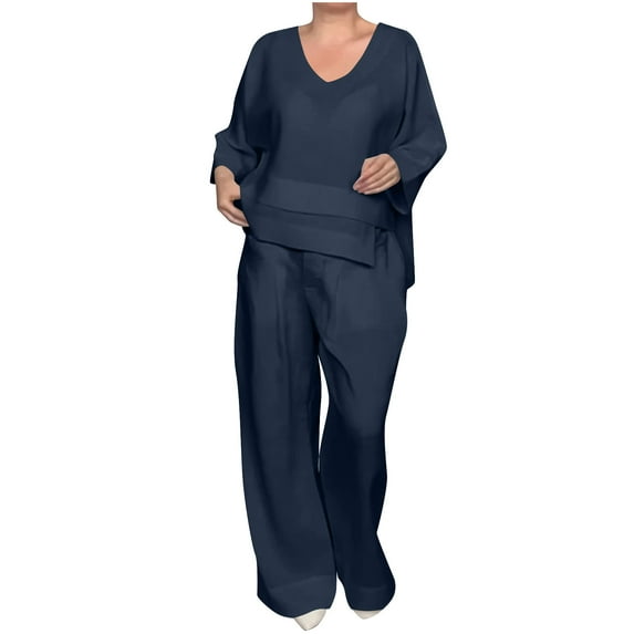 Dvprdro Women's Spring and Summer Solid-Color V-Neck Mid-Sleeve Top with Straight Leg Pockets Pants Casual Set Fall Fashion Activewear Two Piece Outfits Suits