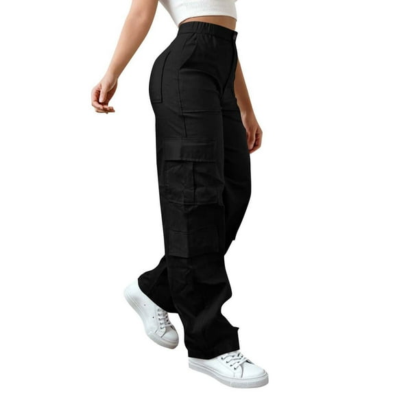Dvprdro Women's Stretch Workwear Cargo Pants Outdoor Hiking Casual Work Pants‌ Trendy Elastic Waist with Button Zipper Jogger Trousers Black 2XL