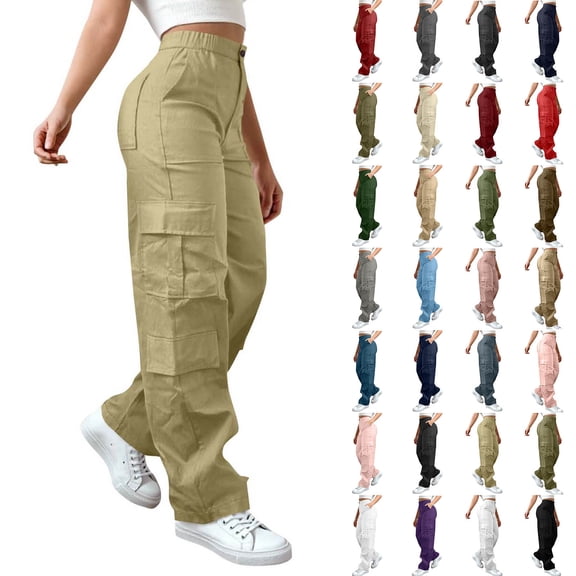 Dvprdro Women's Stretch Workwear Cargo Pants Outdoor Hiking Casual Work Pants‌ Trendy Elastic Waist with Button Zipper Jogger Trousers Khaki S
