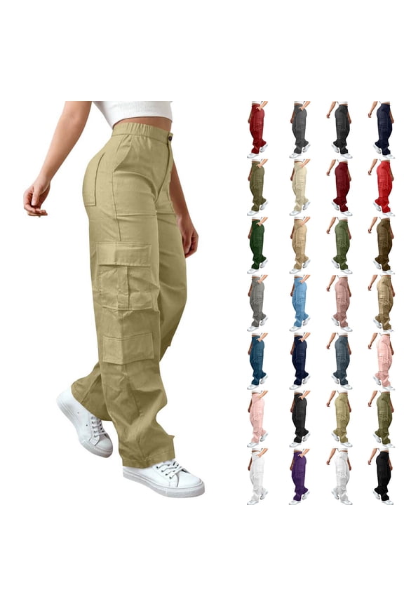 Women's Stretch Workwear Cargo Pants Outdoor Hiking Casual Work Pants‌ Trendy Elastic Waist with Button Zipper Jogger Trousers Khaki S