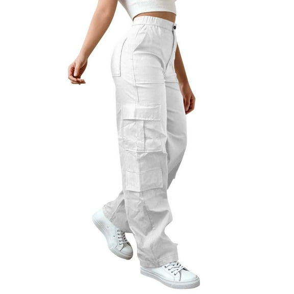 Dvprdro Women's Stretch Workwear Cargo Pants Outdoor Hiking Casual Work Pants‌ Trendy Elastic Waist with Button Zipper Jogger Trousers White L