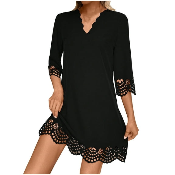 Dvprdro Women's Summer Dress Fashion Solid V Neck Short Sleeve Casual Loose Beach Mini Dress