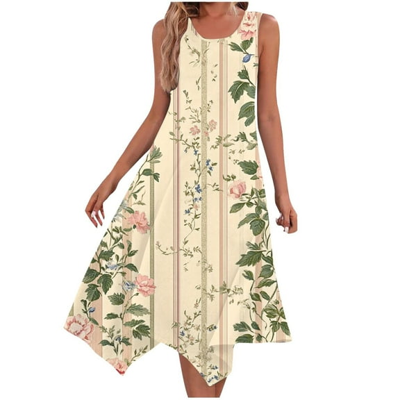 Dvprdro Women's Summer Tank Dress Fashion Floral Printed Crew Neck Sleeveless A Line Flowy Casual Loose Beach Midi Dress