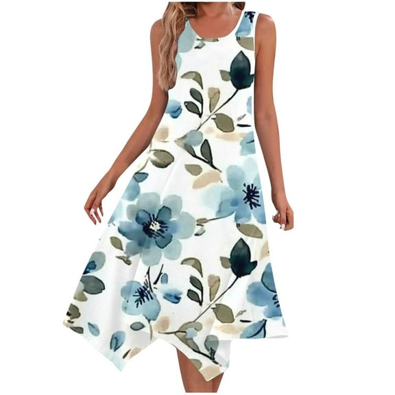Dvprdro Women's Summer Tank Dress Fashion Floral Printed Crew Neck Sleeveless A Line Flowy Casual Loose Beach Midi Dress