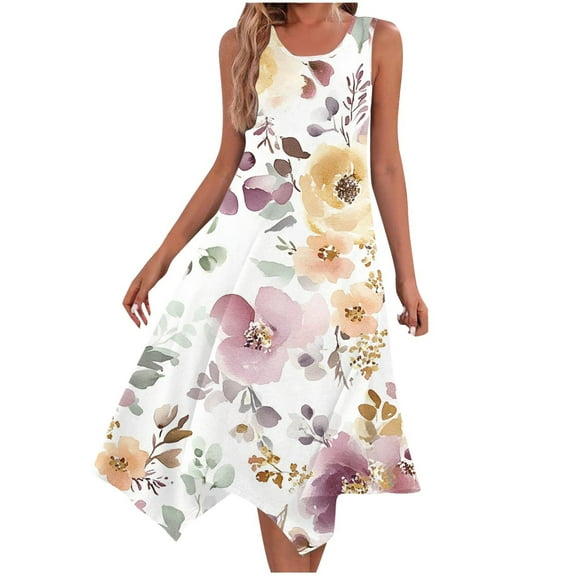 Dvprdro Women's Summer Tank Dress Fashion Floral Printed Crew Neck Sleeveless A Line Flowy Casual Loose Beach Midi Dress