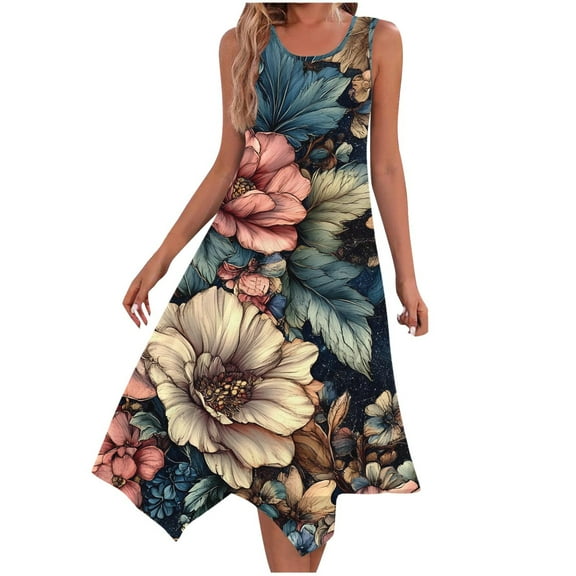 Dvprdro Women's Summer Tank Dress Fashion Floral Printed Crew Neck Sleeveless A Line Flowy Casual Loose Beach Midi Dress
