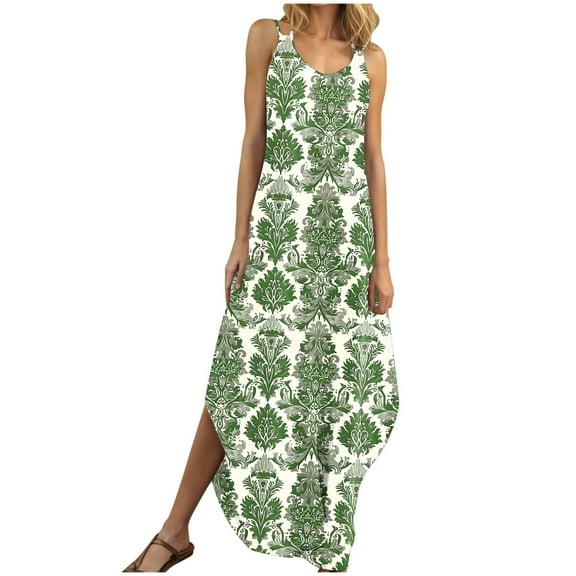 Dvprdro Women's Summer Tank Dress Fashion Floral V Neck Spaghetti Strap Side Split Casual Loose Beach Sun Long Maxi Dress