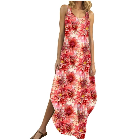 Dvprdro Women's Summer Tank Dress Fashion Floral V Neck Spaghetti Strap Side Split Casual Loose Beach Sun Long Maxi Dress