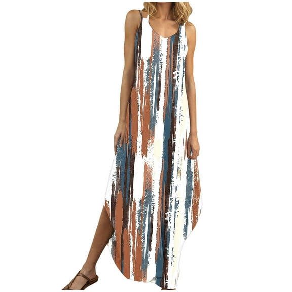 Dvprdro Women's Summer Tank Dress Fashion Floral V Neck Spaghetti Strap Side Split Casual Loose Beach Sun Long Maxi Dress