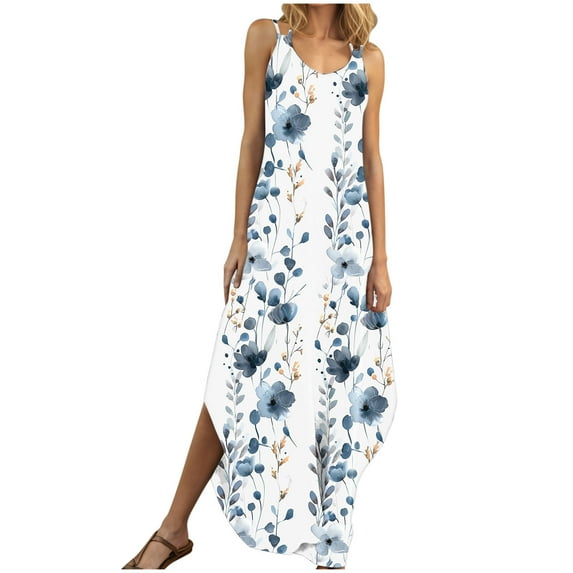 Dvprdro Women's Summer Tank Dress Fashion Floral V Neck Spaghetti Strap Side Split Casual Loose Beach Sun Long Maxi Dress