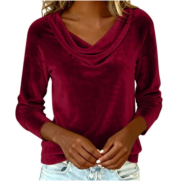 Dvprdro Women's Velvet Cowl Neck Long Sleeve Tops Fall Trendy Elegant Office Business Dressy Casual Solid Tunic Blouse