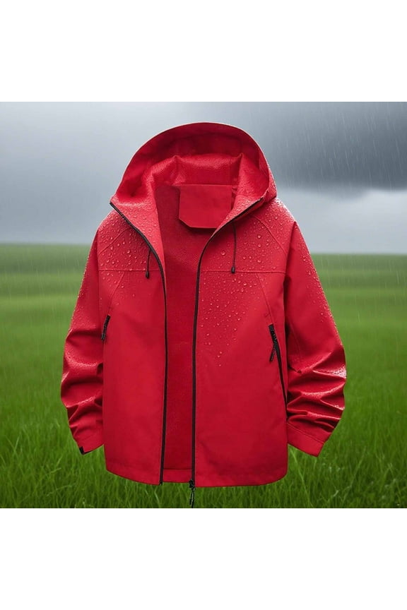 Women's Waterproof Hooded Zip-Up Jacket Lightweight Hiking Windbreaker with Pockets for Outdoor Sports Breathable Rain Coat Red XXXL
