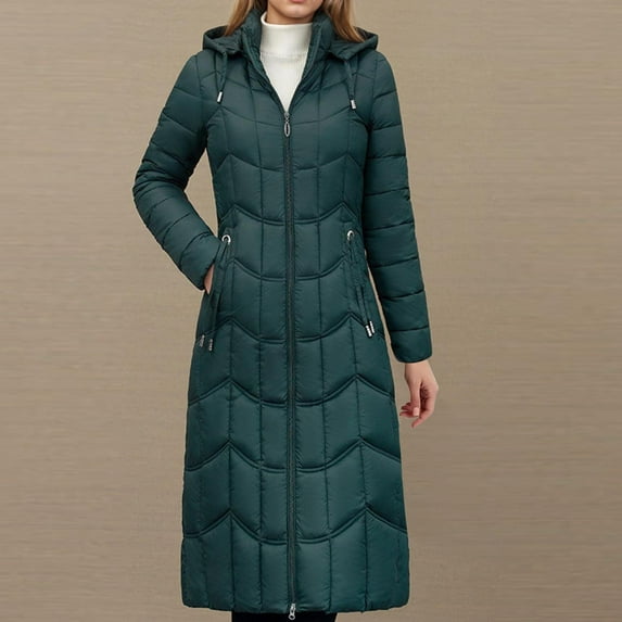 Dvprdro Women's Winter Long Puffer Jacket, Long Sleeve Hooded Quilted Coat with Pockets and Drawstring Fashion Thickened Down Jackets