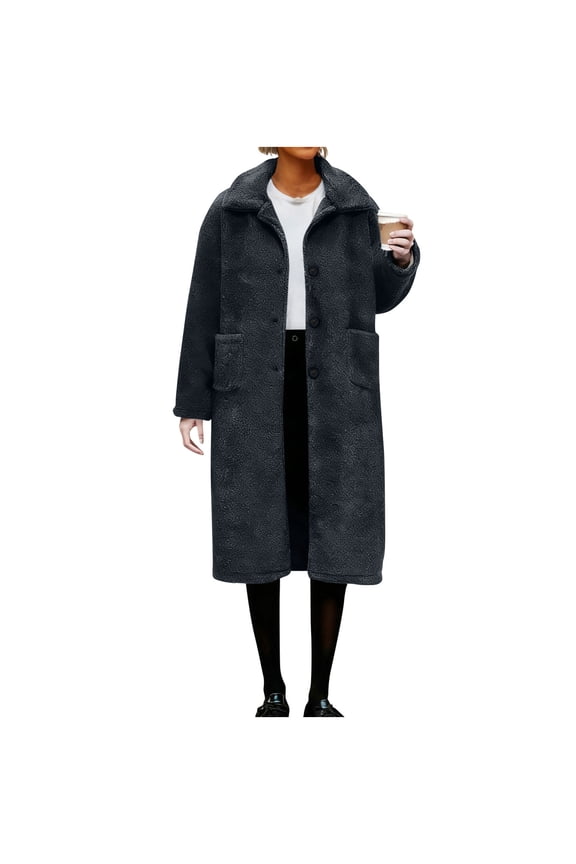 Women's Winter Long Wool Coat Longline Casual Faux Furs Trench Coat Solid Color Plushy Fleece Lined Overcoat Jackets for Women