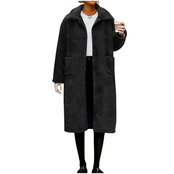 Dvprdro Women's Winter Long Wool Coat Longline Casual Faux Furs Trench Coat Solid Color Plushy Fleece Lined Overcoat Jackets for Women