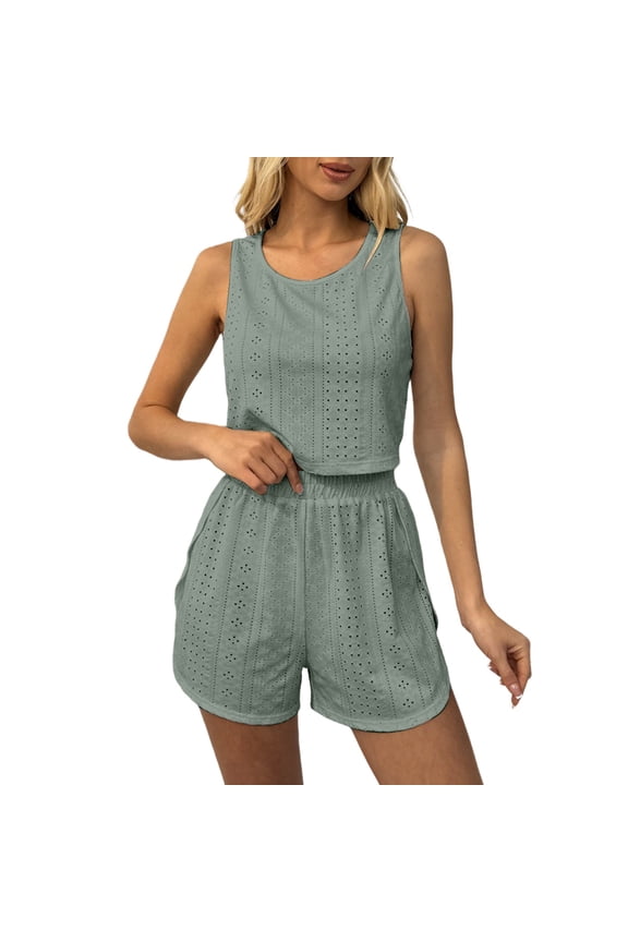 Womens 2 Piece Pajama Set Short Sleeve Crewneck Cutout Top Side Slit Shorts Elastic Waist Summer Sleepwear