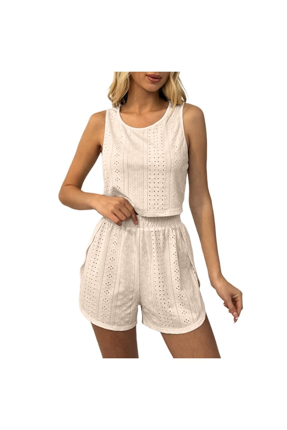 Womens 2 Piece Pajama Set Short Sleeve Crewneck Cutout Top Side Slit Shorts Elastic Waist Summer Sleepwear