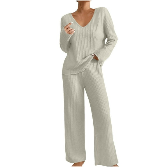 Dvprdro Womens 2 Piece Trendy V-Neck Knit Set Casual Soft Long Sleeve Sweater Tops with Elastic Waist Flowy Lounge Pants Outfit Elegant Loungewear Gray 2XL