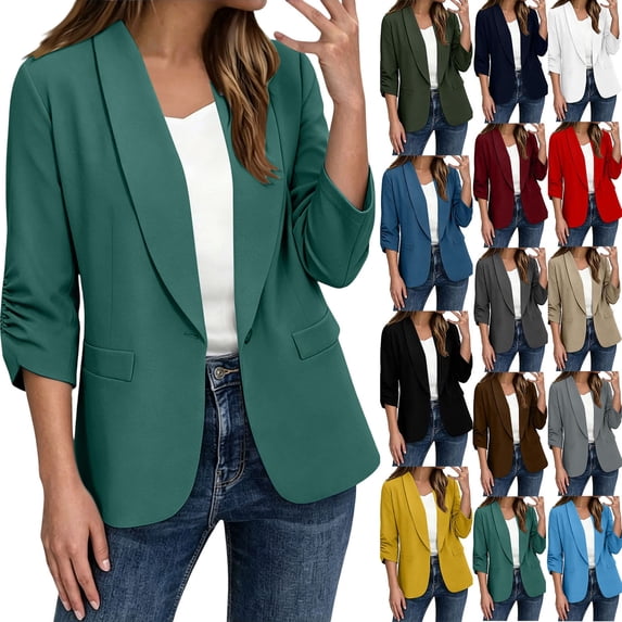 Dvprdro Womens 3/4 Sleeve Blazer Open Front Notch Lapel Casual Business Jacket Light weight Work Office Solid