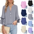 thumbnail image 1 of Dvprdro Womens 3/4 Sleeve Button Down Blouses Cotton Linen V Neck Flounce Sleeve Tops Casual Summer Tops, 1 of 9