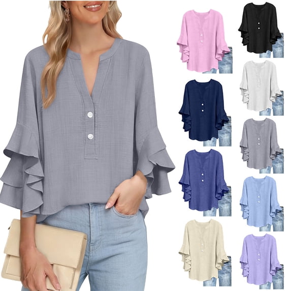 Dvprdro Womens 3/4 Sleeve Button Down Blouses Cotton Linen V Neck Flounce Sleeve Tops Casual Summer Tops