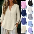 thumbnail image 1 of Dvprdro Womens 3/4 Sleeve Button Down Blouses Cotton Linen V Neck Flounce Sleeve Tops Casual Summer Tops, 1 of 9