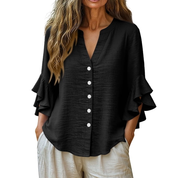 Dvprdro Womens 3/4 Sleeve Button Down Shirts Cotton Linen V Neck Blouses Casual Summer Tops with Floral Lace Cuffs